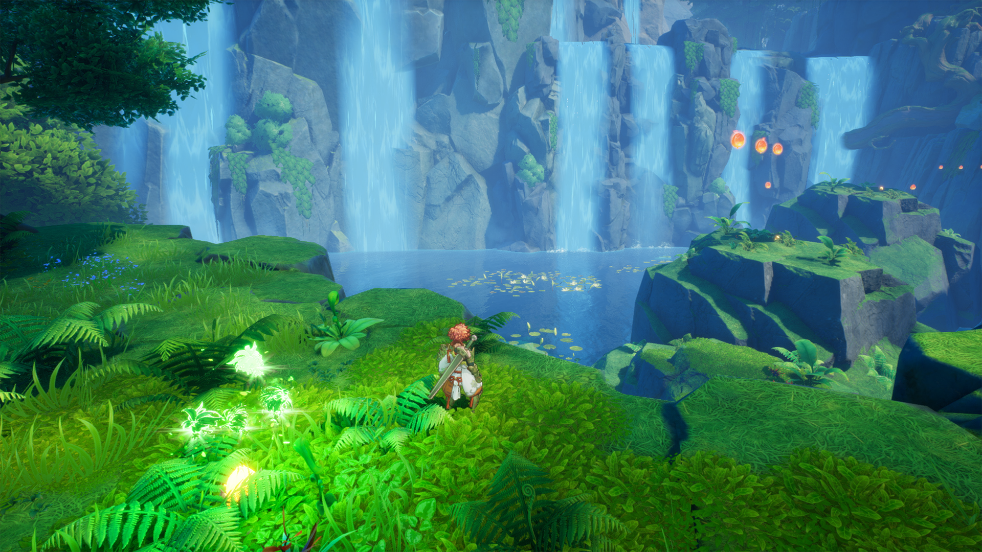 visions of mana release date - a character stands surrounded by grass looking at a waterfall