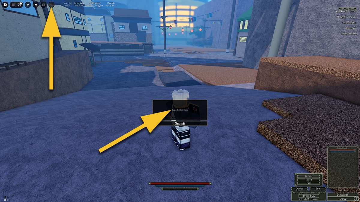 Image of the player in the lobby of Waganashi on Roblox, with arrows pointing at the Gift icon at the top, and the code input text window.