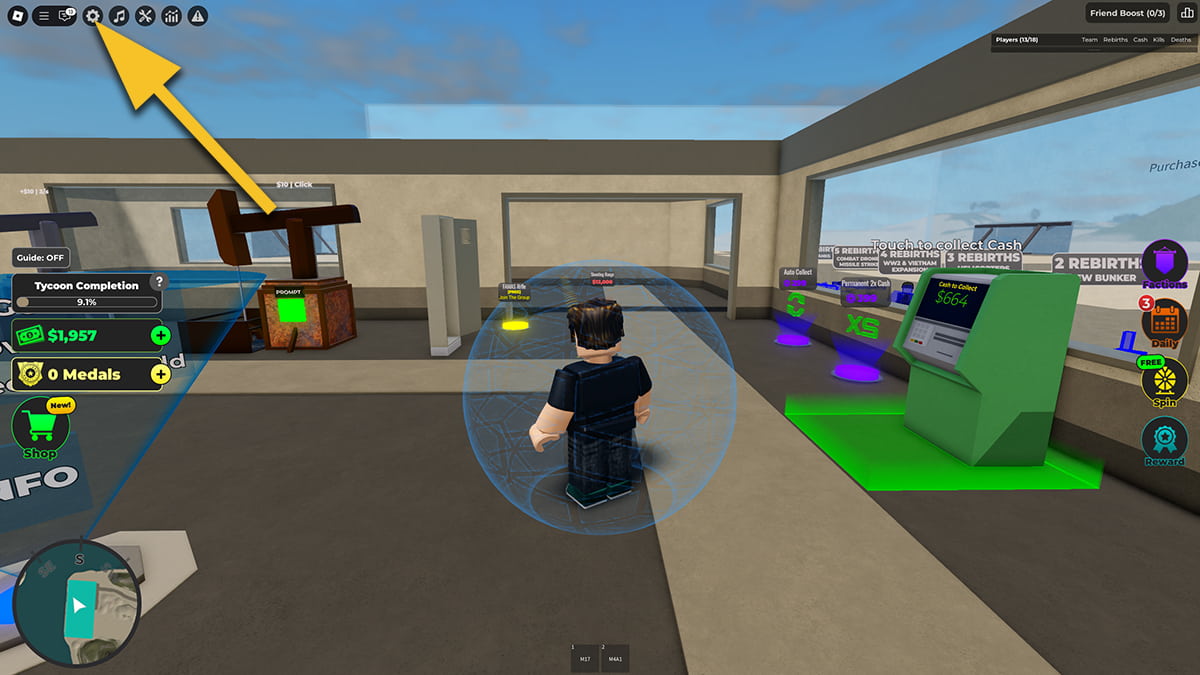 Image of the base in War Tycoon on Roblox, with an arrow pointing at the Settings icon.