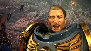 Gadriel from Warhammer 40K Space Marine 2 cheering as the tyranid swarm approaches