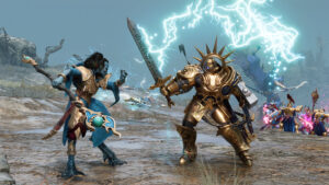 Realms of Ruin review: A group of warriors are fighting in Realms of Ruin. Image from Frontier Developments.