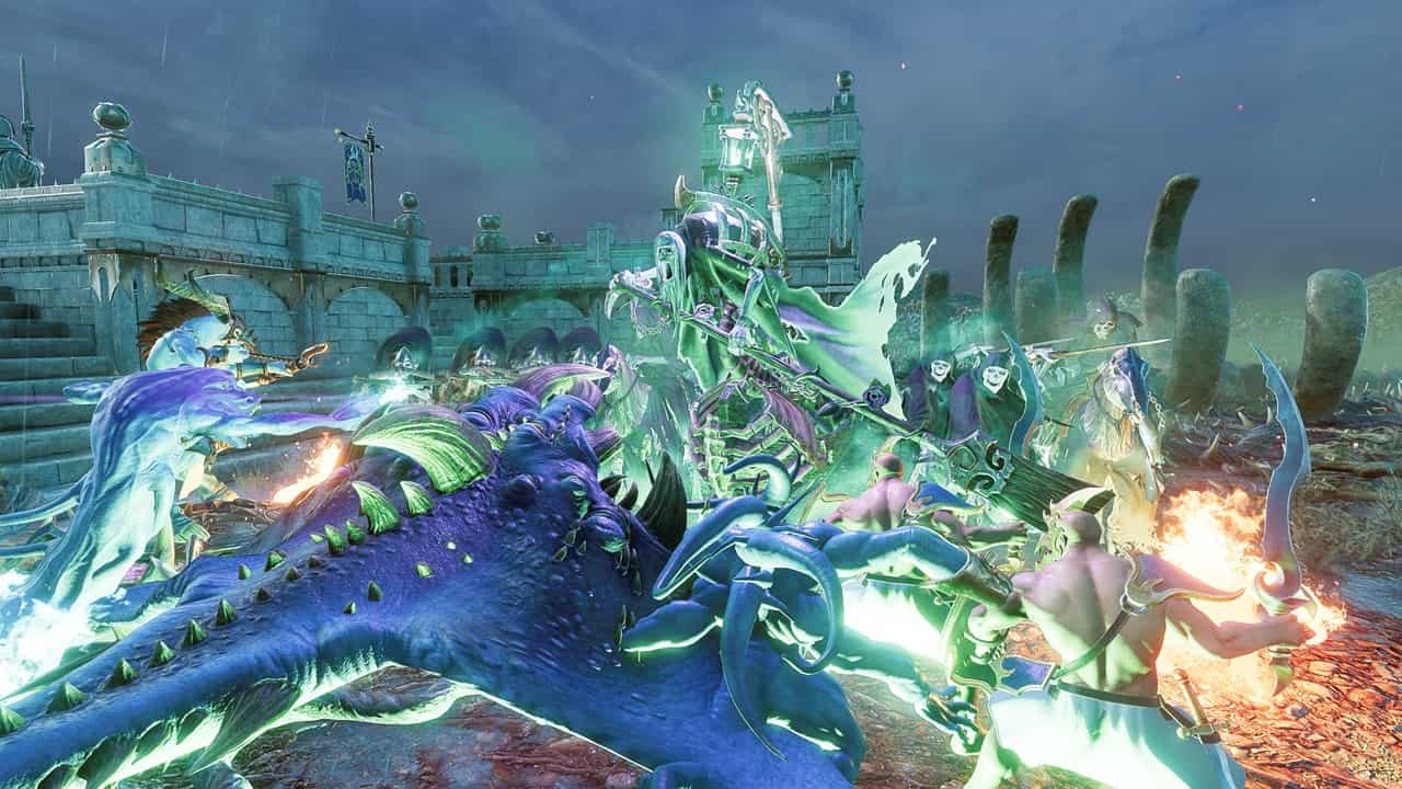 Realms of Ruin review: An elaborate scene of the Nighthaunt fighting the forces of Tzeentch. Image captured by VideoGamer.