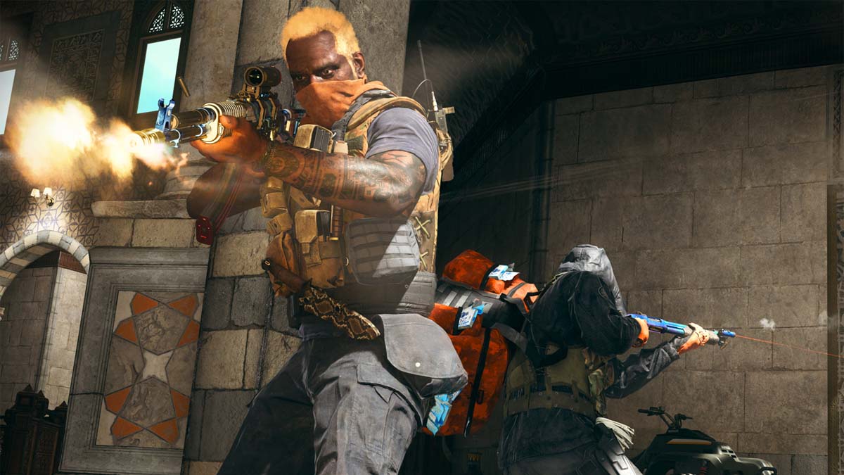 Call of Duty Warzone players standing back-to-back while firing weapons.