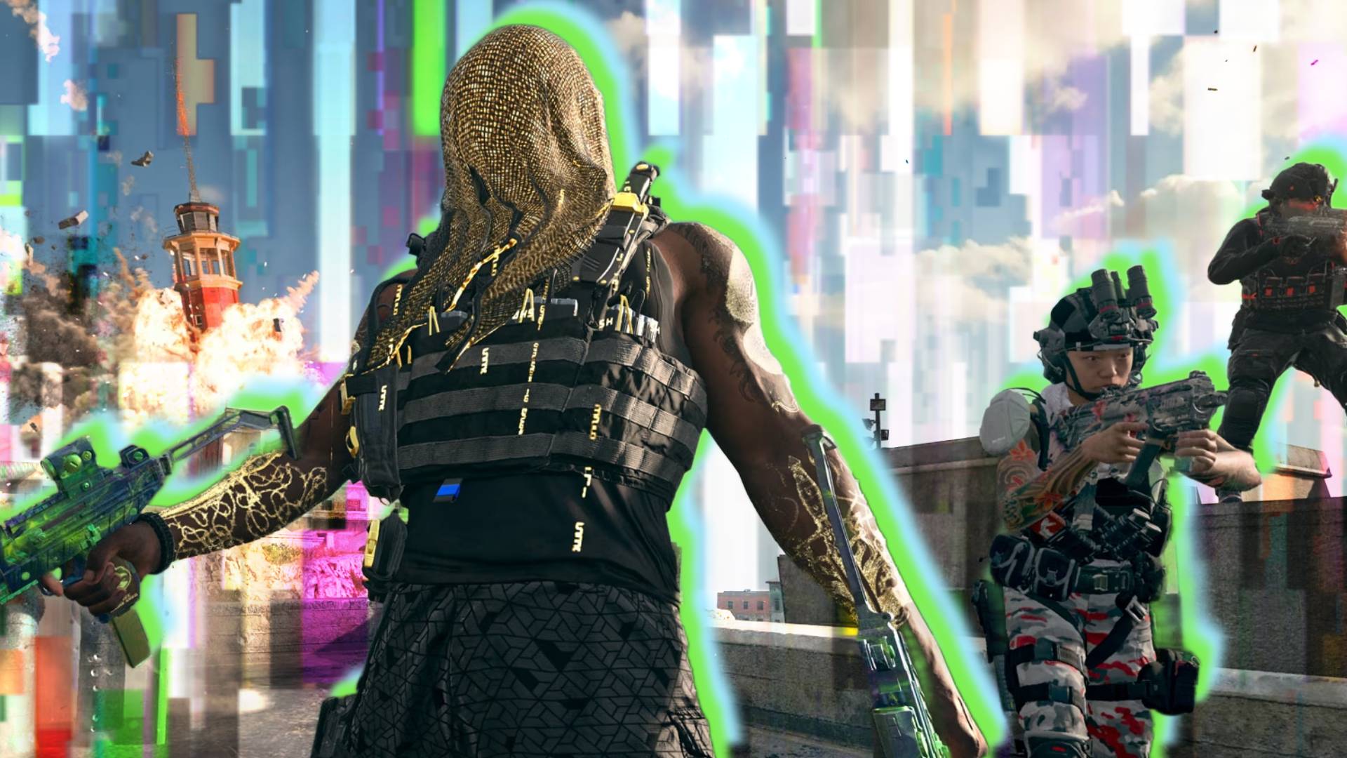 Warzone soldiers standing in a glitch torn background