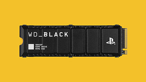 A black PS4 SSD on a yellow background with Western Digital 2TB.