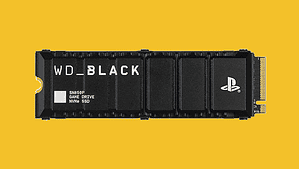 A black SSD card, perfect for your PS5, on a yellow background.
