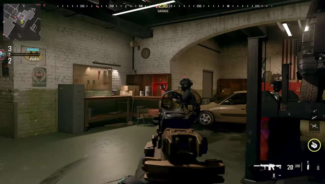 A screenshot of a video game showing a gun in the garage during MW3 Cutthroat mode.