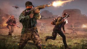 When is the next Once Human server wipe: Three people running to the right with one firing a gun.