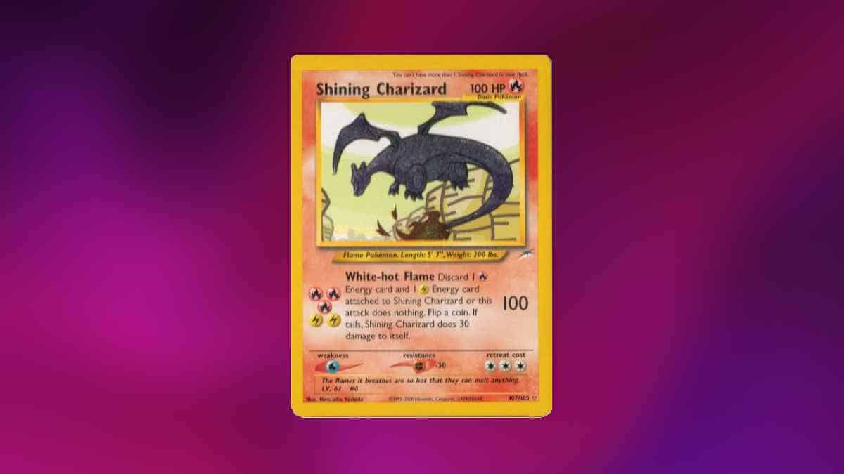 A shining Charizard Pokémon trading card, ideal for those wondering where to sell Pokémon cards, is displayed against a purple background.