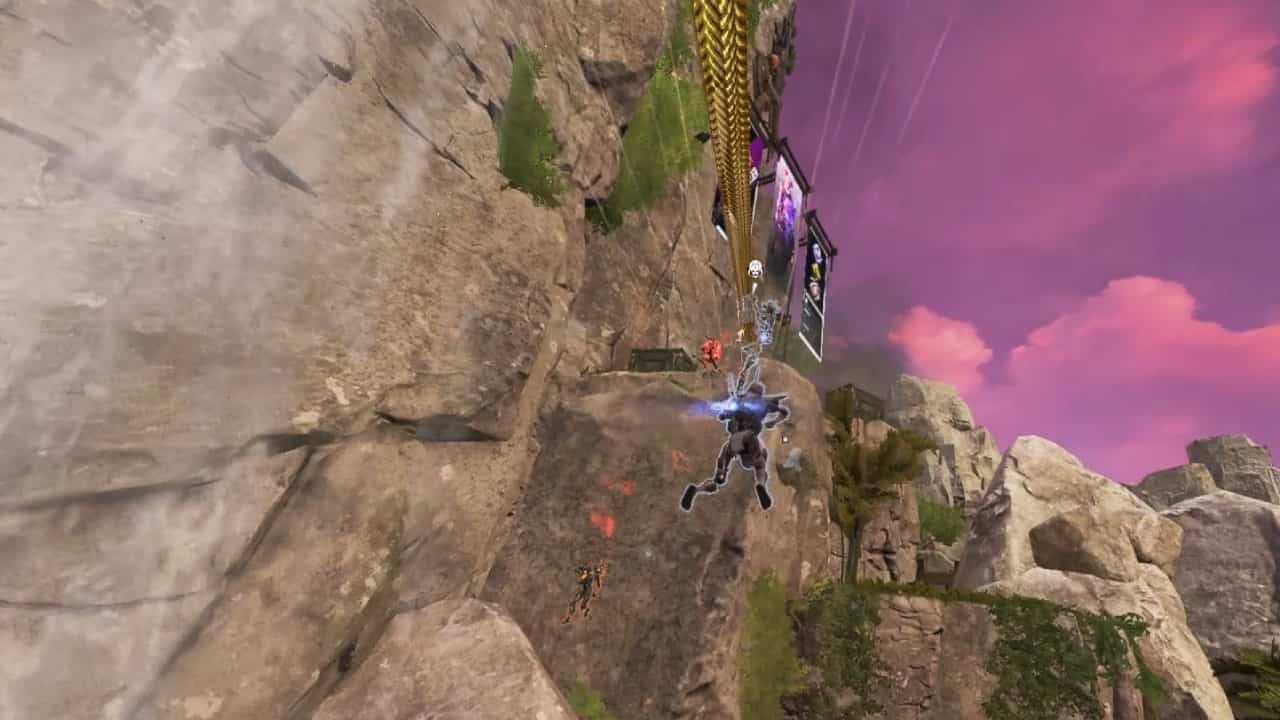 Who made Apex Legends and when was it released: Two Revenants zipline towards a group of Legends on top of a cliff.