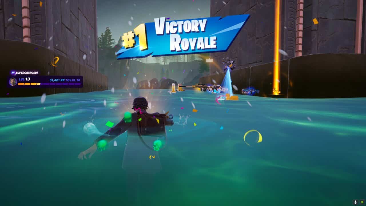 Modify the description with ONLY one or two of the given keywords and ensure the description is grammatically correct.
Description: Character swimming in glowing water with "#1 victory royale" banner displayed in a colorful