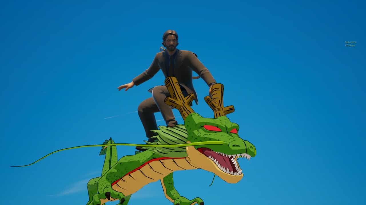 Why is Fortnite called Fortnite: A player with an Alan Wake skin on a Shenron glider in Fortnite.