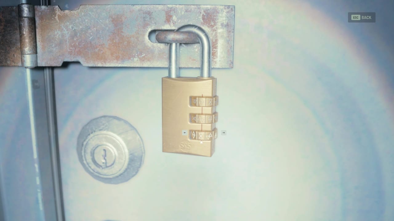 Alan Wake 2 Kalevala Knights Workshop door code solution: workshop padlock with symbols.