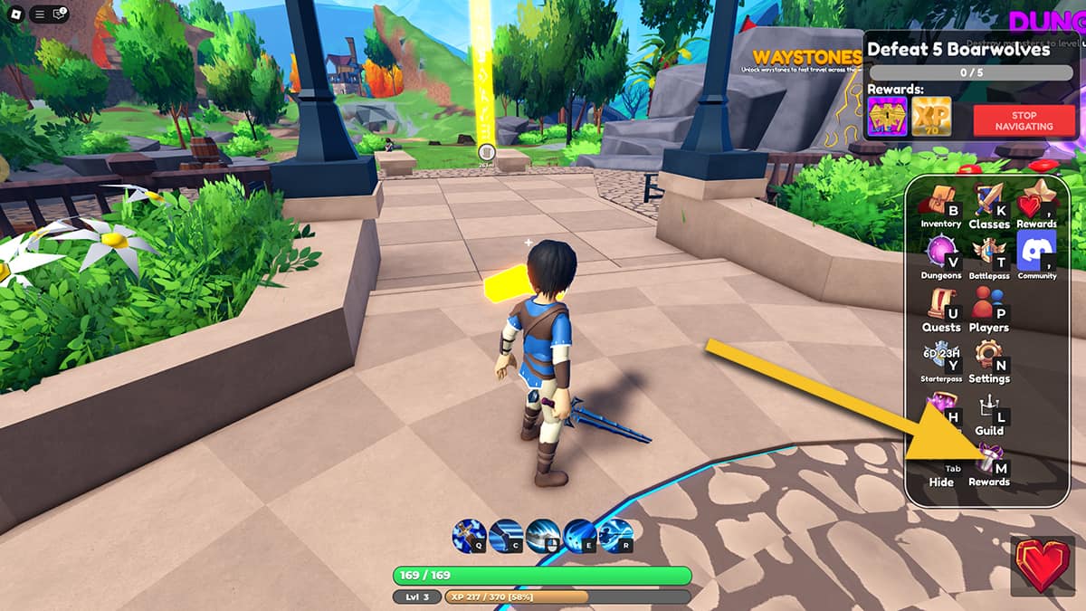 Image of the spawning area in the game World // Zero on Roblox, with an arrow pointing at the Rewards icon.
