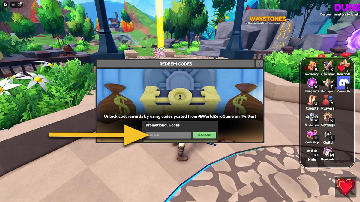 Image of the Rewards window in World // Zero game on Roblox, with an arrow pointing at the code redemption text box.