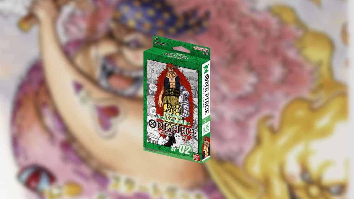 Close-up of a 'best One Piece TCG starter decks' volume with colorful, blurred artwork in the background.