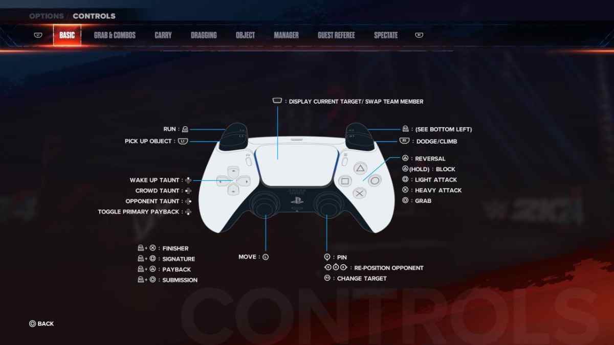 A screenshot of the best PS4 control settings for WWE 2K24.