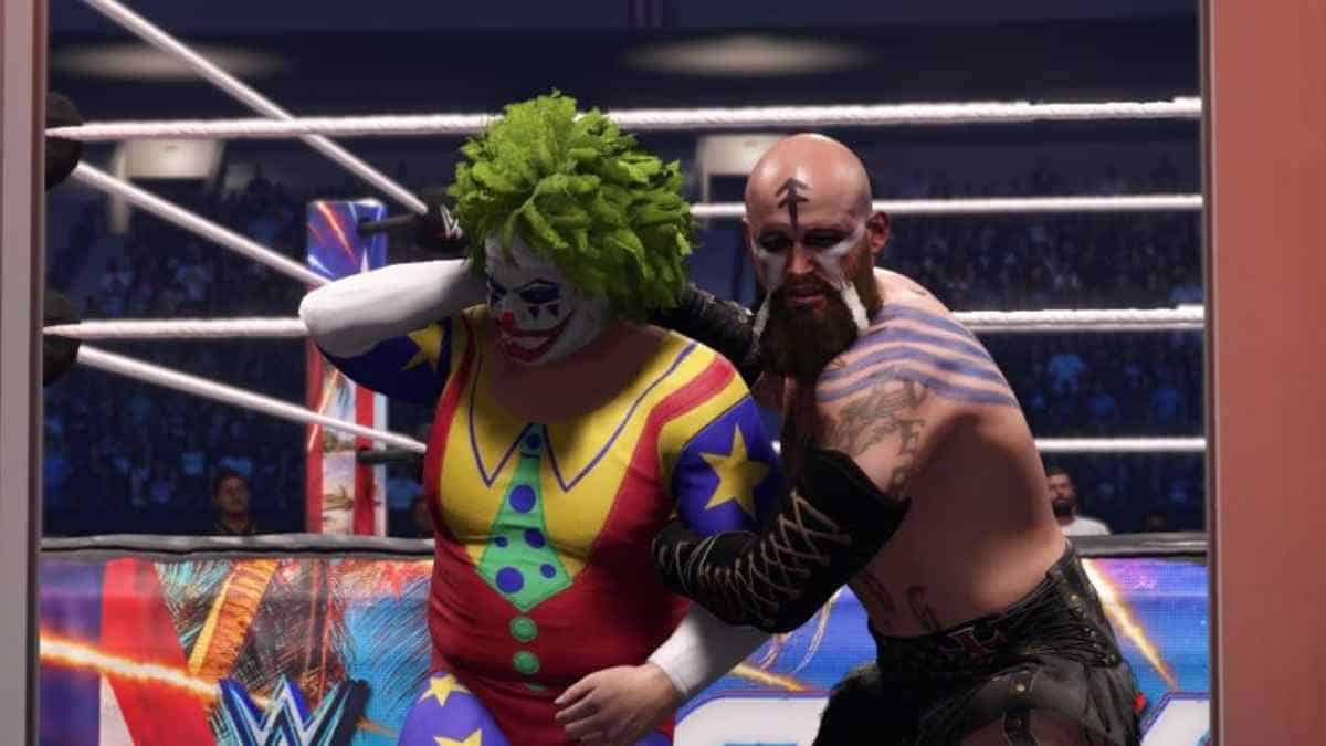 Two wrestlers fighting in the ring, showcasing the best control settings for WWE 2K24 with the best controller.