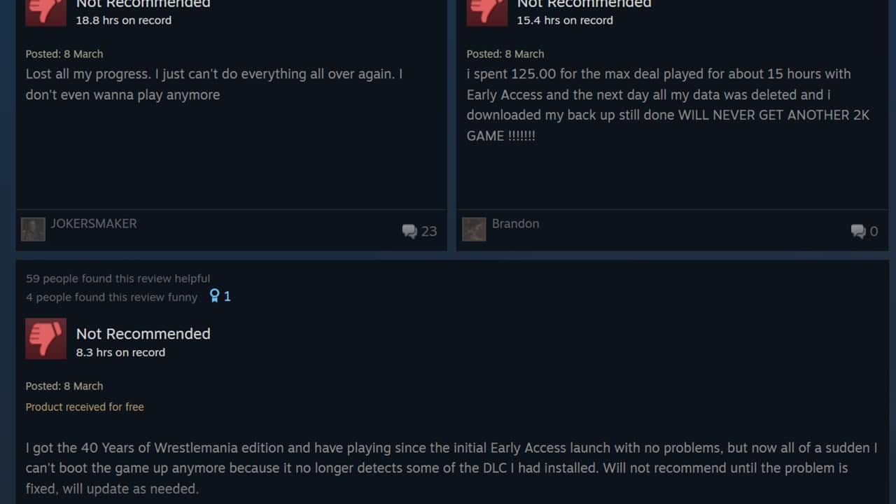 Three users expressed frustration in their negative video game reviews, citing issues with game progress. Image from Steam.
