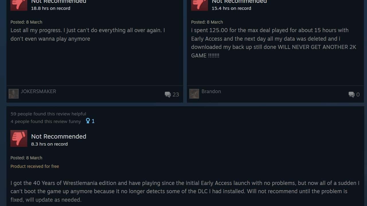 Three users expressed frustration in their negative video game reviews, citing issues with game progress. Image from Steam.
