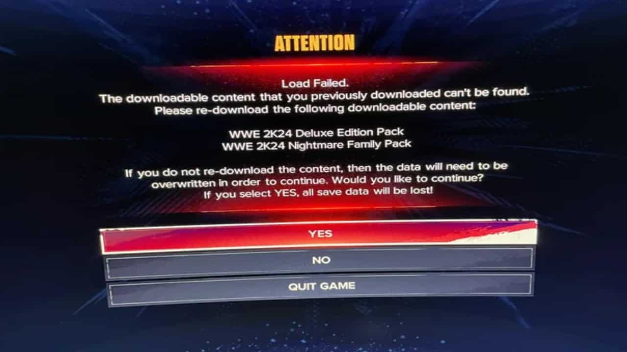 An image of the Load Failed error in WWE 2K24. Image via Reddit.
