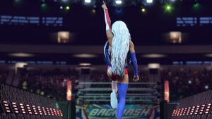 An image of a woman in a WWE 2K24 wrestling ring.