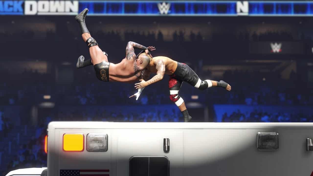 Two wrestlers are on top of an ambulance in WWE 2K24. Image from 2K Games.