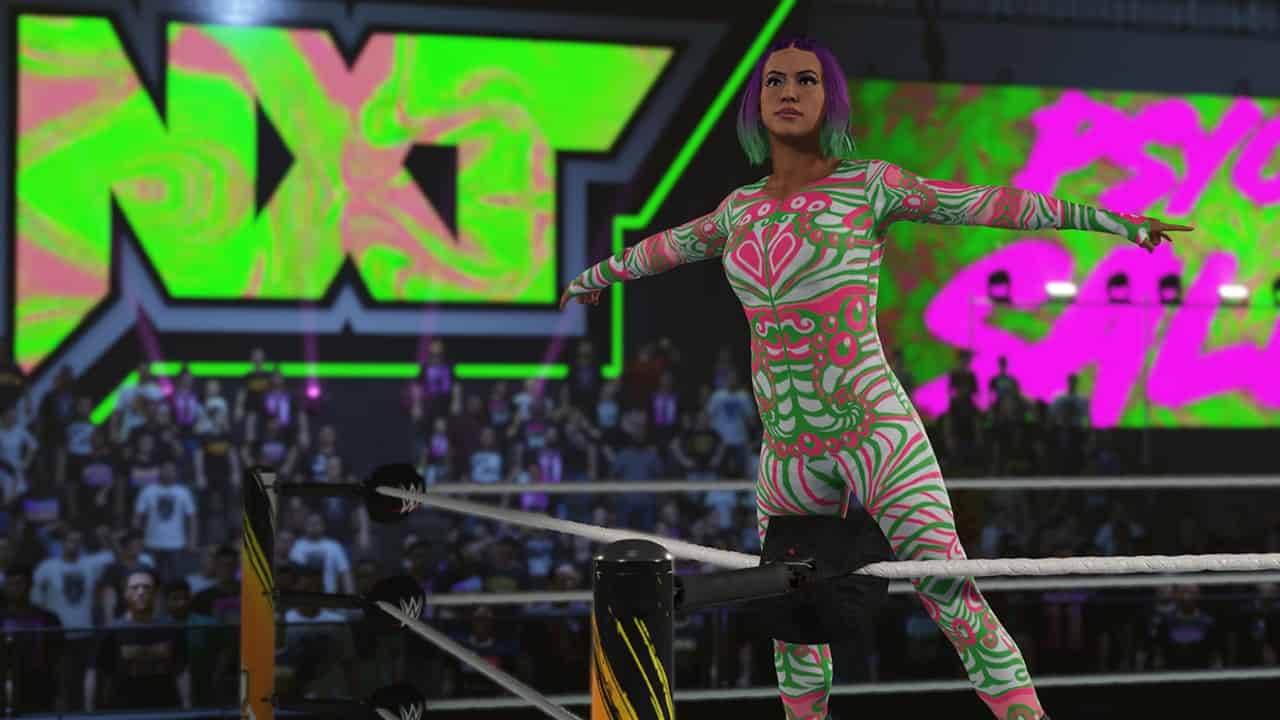 A woman in a neon green outfit standing in the ring in WWE 2K24. Image from 2K Games.