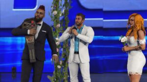 WWE 2K24 MyRise - An image of a wrestler speaking to another man in the game alongside a woman.