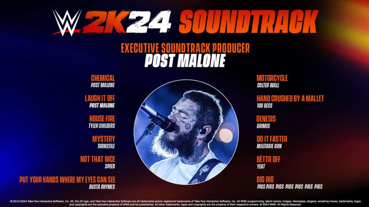 A poster of Post Malone as WWE 2K24's executive soundtrack producer with a list of included songs. Image from 2K Games.