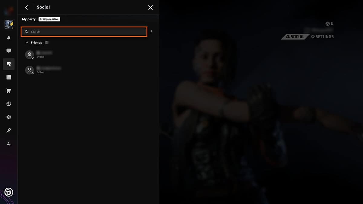 Screenshot of the social menu in XDefiant's interface, displaying a search bar, a list of friends with online/offline statuses, and options to invite friends through the social and settings tabs.