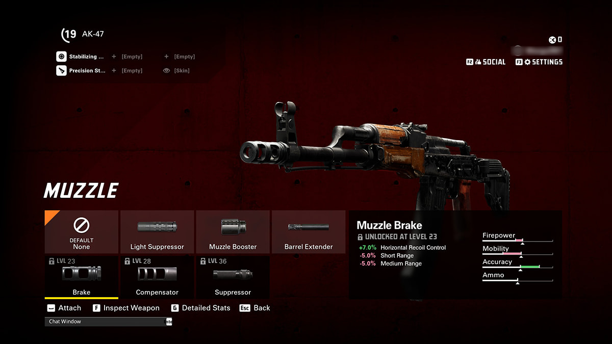 Image of the loadout screen in XDefiant, showing AK-47 attachment Brake muzzle and its stats.