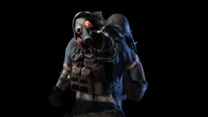 A person wearing a gas mask and heavy protective gear, rewarded by the game's battle pass.