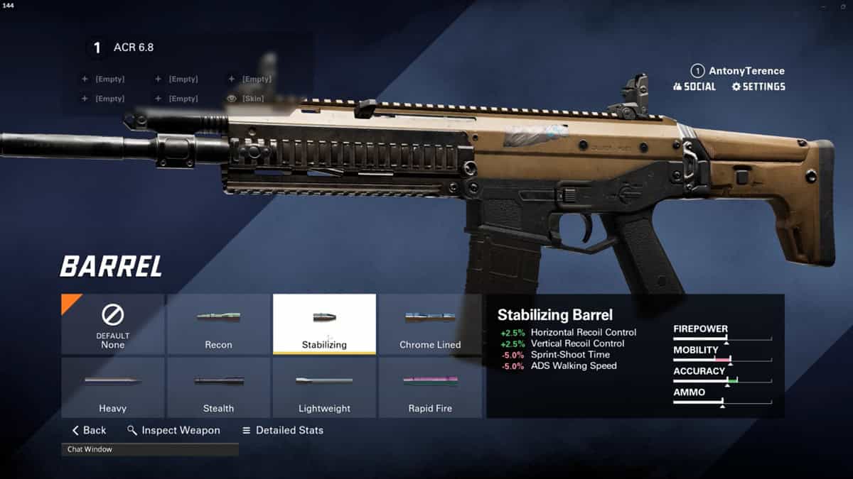 A video game screen in XDefiant displaying weapon customization options for an ACR 6.8 loadout, including barrel types and their impact on firepower, mobility, accuracy, and ammo.