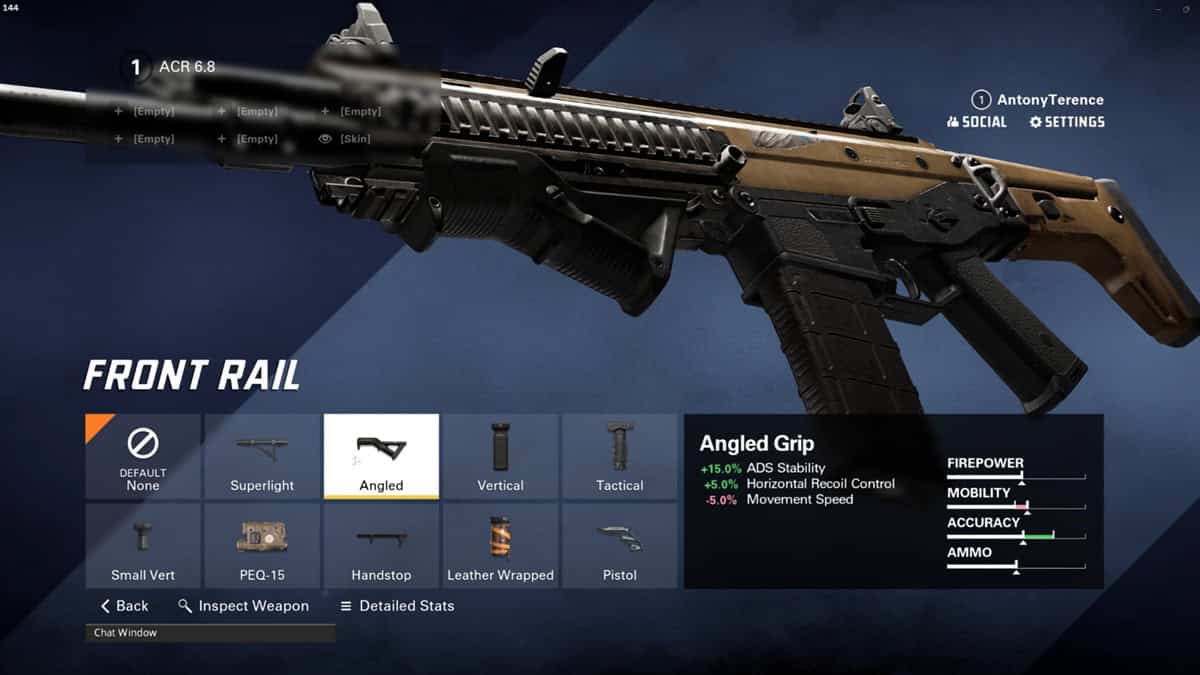 In-game screenshot of the XDefiant weapon customization interface showing an ACR 6.8 loadout with an angled grip selected. Various attachment options and weapon stats are visible on the screen, helping you create the best loadout for your gameplay style.