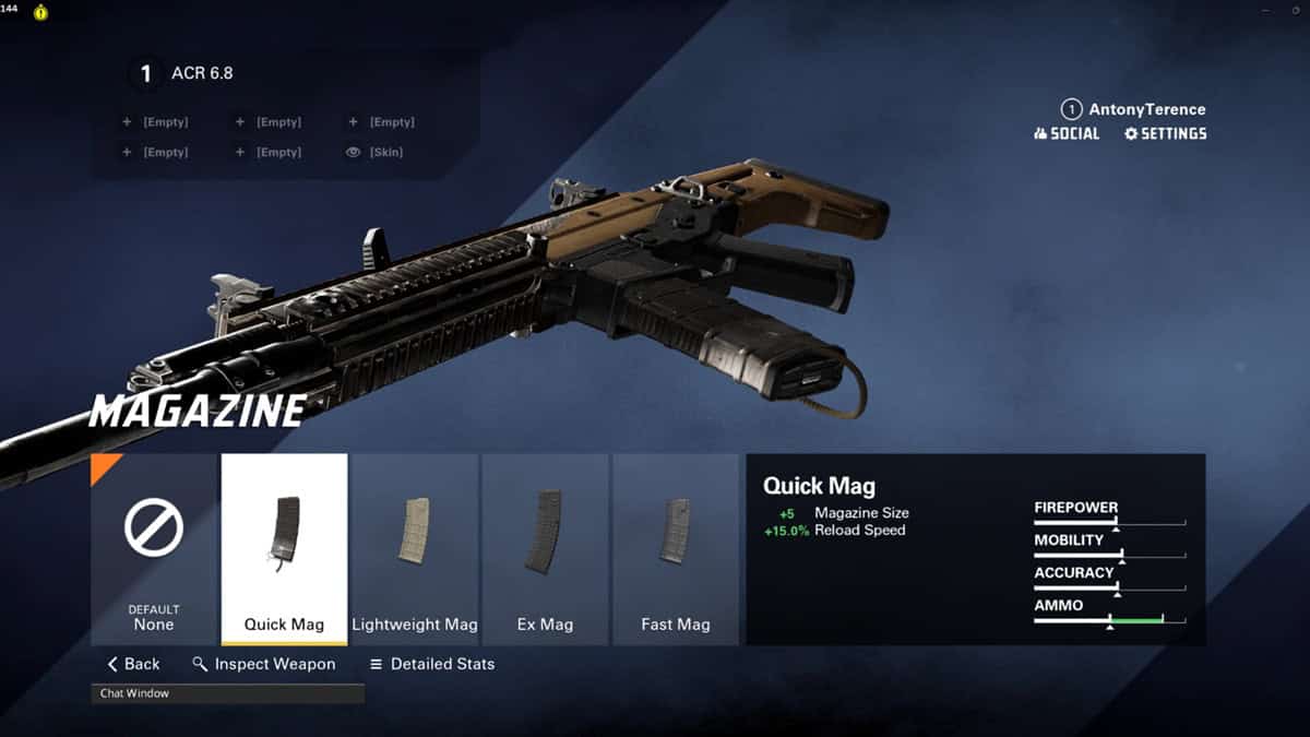 A game interface in XDefiant displays a detailed view of an ACR 6.8 loadout. The 