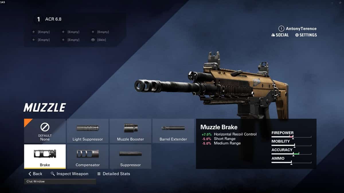 Game interface showcasing an ACR 6.8 loadout in XDefiant, complete with customization options. Muzzle brake selected showing stats: -5% horizontal recoil, +5% short range, -5% medium-range. User menu located in the top right corner.