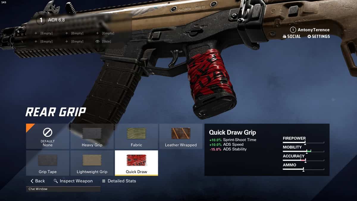 A video game interface in XDefiant shows a gun customization menu for the ACR 6.8 loadout. The screen displays a selection of rear grips, highlighting the 