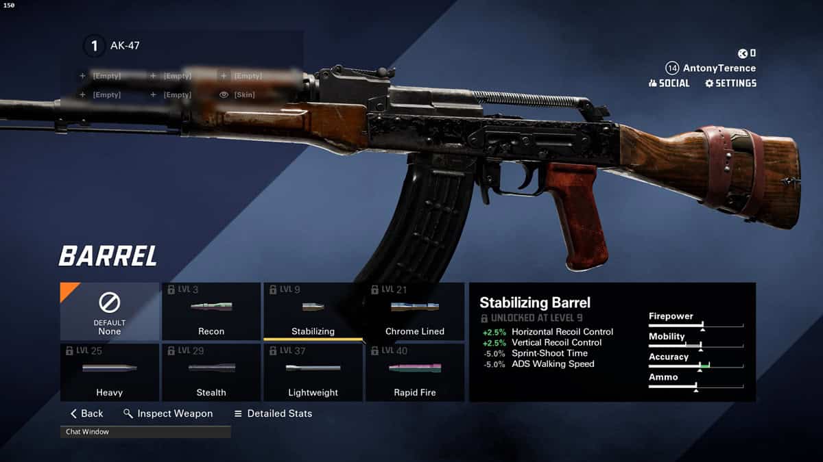 A player checks the stabilizing barrel of the AK-47 assault rifle.