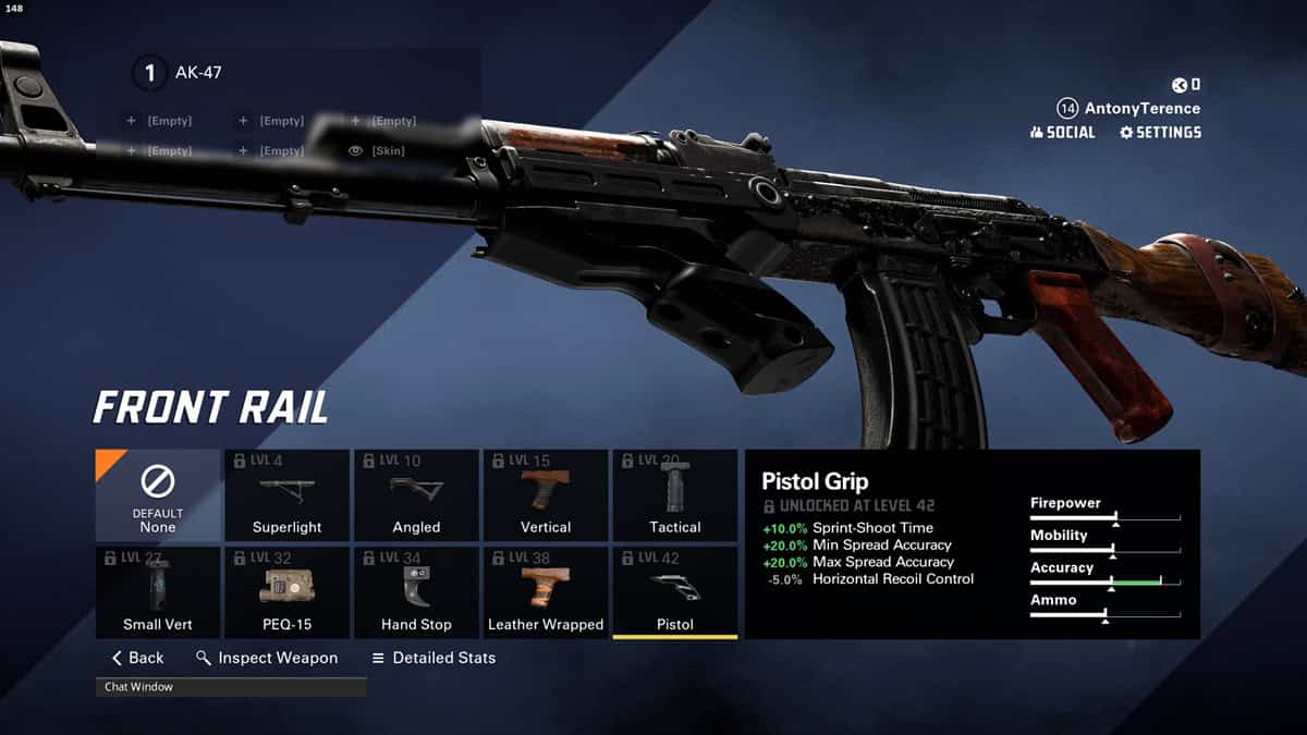 A player checks the pistol grip attachment for the AK-47 assault rifle.