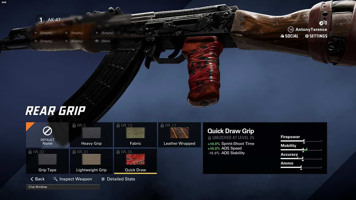 A player checks out the Quick Draw rear grip attachment for the AK-47 assault rifle.