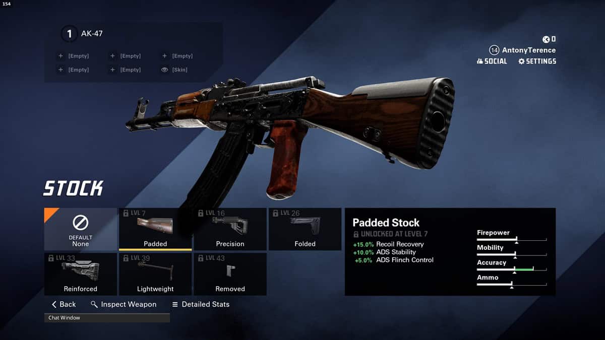 A player checks the Padded stock for the AK-47 assault rifle.