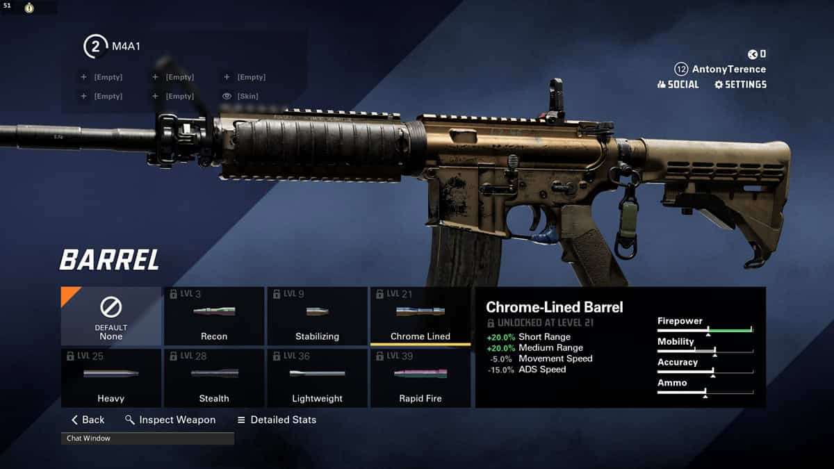 A player checks the chrome lined barrel for the M4A1 in the game.