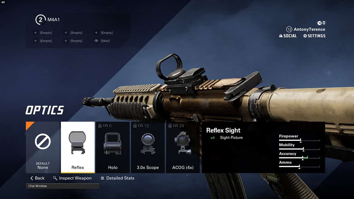 A player checks out the Reflex scope for the M4A1 in the game.