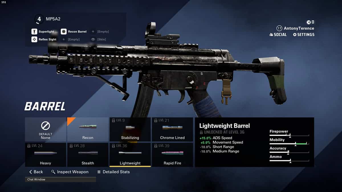 A player checks the Lightweight barrel attachment for the MP5A2 SMG.