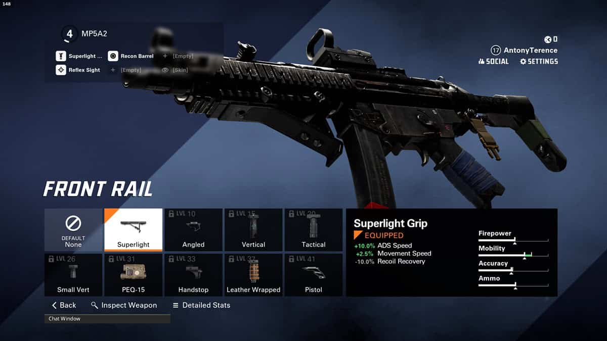 A player checks out the Superlight front rail attachment for the MP5A2 SMG.