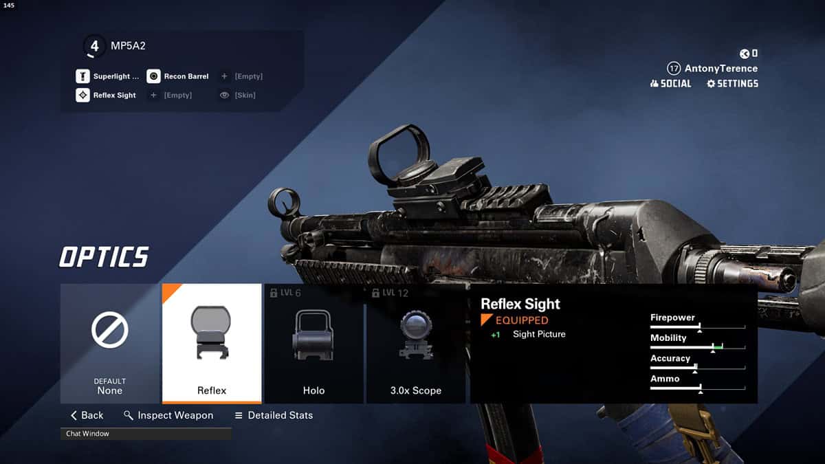 A player checks out the reflex sight on the MP5A2 weapon.