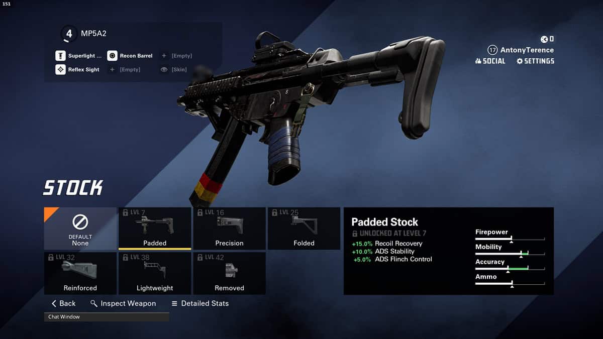 A player checks out the Padded stock for the MP5A2.