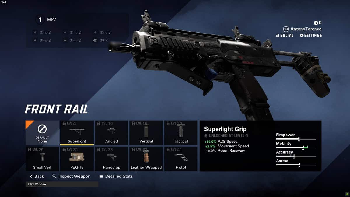 A player checks out the Superlight front rail attachment for the MP7 SMG.