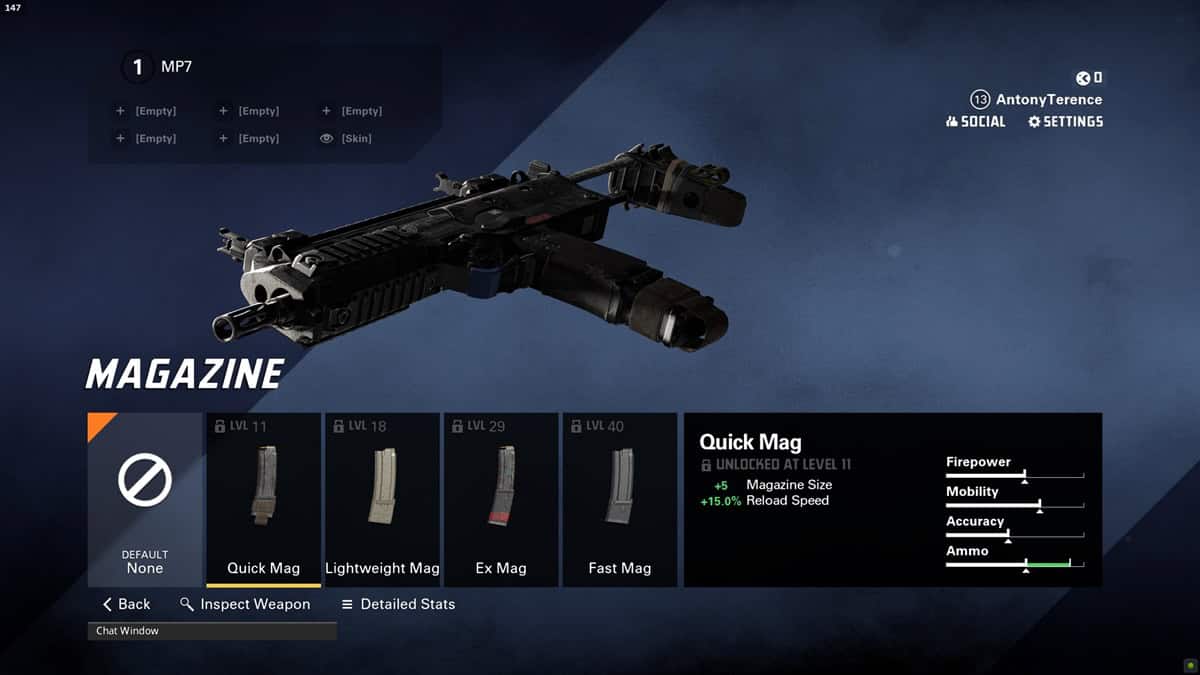 A player checks the Quick Mag attachment for the MP7 SMG.